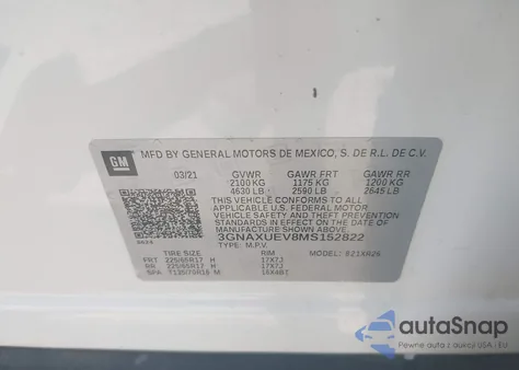 2021 Chevrolet Equinox Awd Lt from USA, damaged, VIN 3GNAXUEV8MS152822